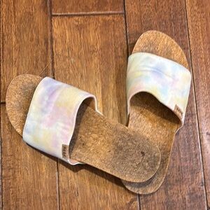 WOMEN'S REEF WATERCOLOR CORK CUSHION SCOUT SLIDE ON BEACH SANDALS SIZE 7